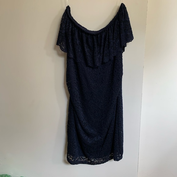 Navy Blue Lace Off Shoulder Fitted Maternity Dress - Picture 3 of 6